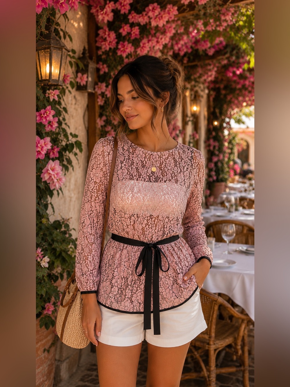 Allegra K Pink Floral Lace Peplum Blouse Size M Romantic Chic